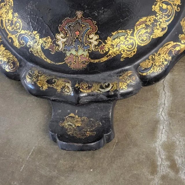 Rococo Revival Black and Gold Papier Mache Tilt-Top Table With Religious Scene For Sale - Image 10 of 12