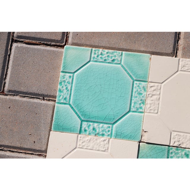 1910s Art Deco Set of Seven Large Portuguese Glazed Tiles Mint Green & White Geometric Design c.1910s For Sale - Image 5 of 13