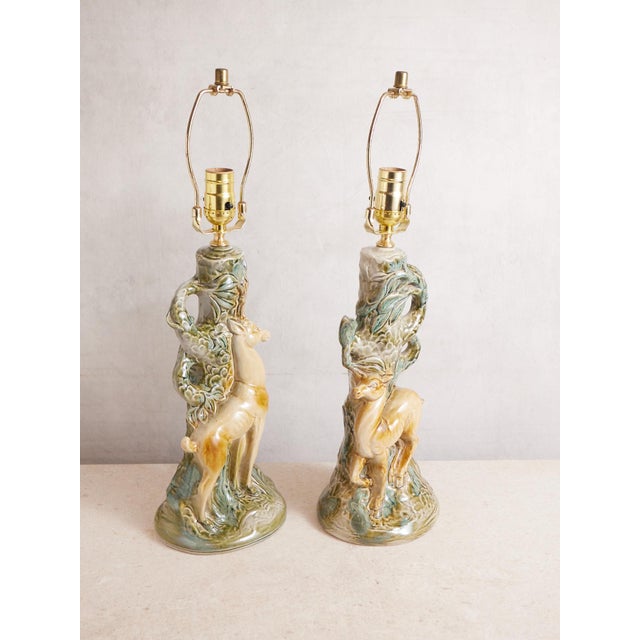 Ceramic Mid 20th Century Deer Ceramic Lamps With Majolica Style Glaze - a Pair For Sale - Image 7 of 17