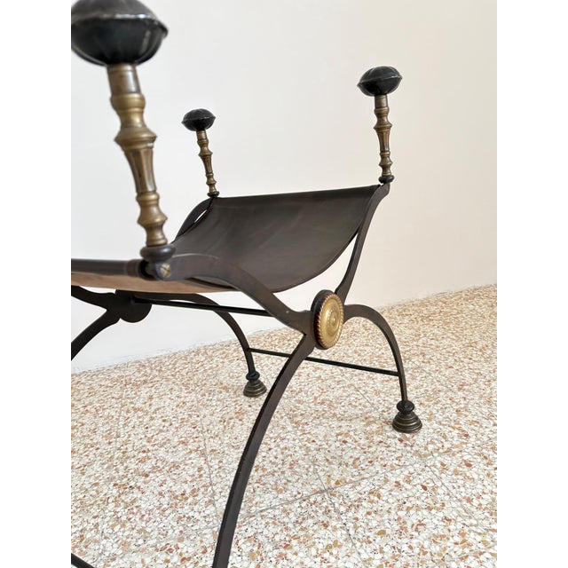 Vintage Wrought Iron, Brass and Leather Stool, 1920s For Sale - Image 11 of 12