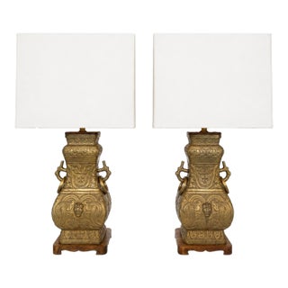 1940s James Mont Style Pair of Cast Brass Table Lamps For Sale