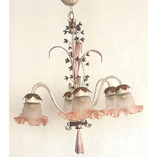 Vintage Italian White and Gold Patinated Metal and Glass Chandelier, 1970s, in Very Good conditions. Designed 1970 to 1979...