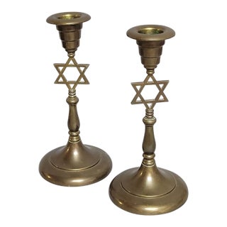 Pair of Brass Star of David Judaica Candle Holders, Mid-Century For Sale