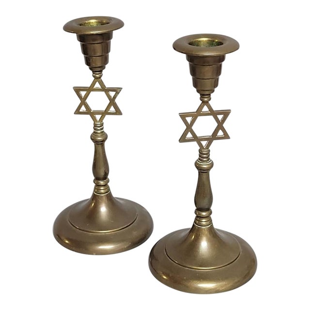 Pair of Brass Star of David Judaica Candle Holders, Mid-Century For Sale