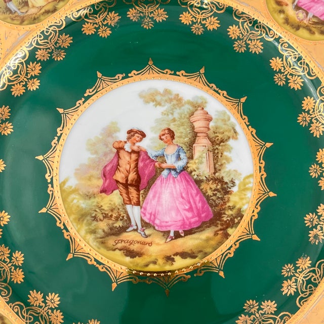 Vintage Fragonard Love Story Plates, Royal Vienna Bavarian Porcelain, Green & Gold - Set of 2 For Sale - Image 4 of 12