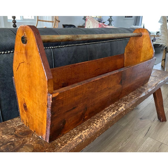 Large antique tool caddy measuring 33 x 14 x 9.5. Penciled measurements are still legible on one end.