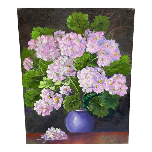 Vintage Lush Hydrangea Bouquet Painting For Sale