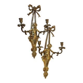 Vintage Gold Gilt Metal Wall Candle Sconces - a Pair For Sale