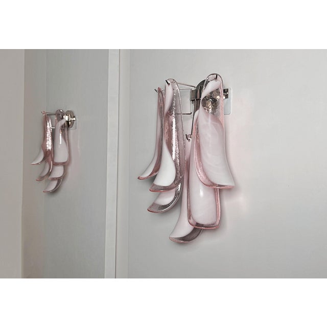 Glass Vintage Italian Murano Wall Lights with Pink Lattimo Glass Petals in the manner of Mazzega, 1990, Set of 2 For Sale - Image 7 of 18