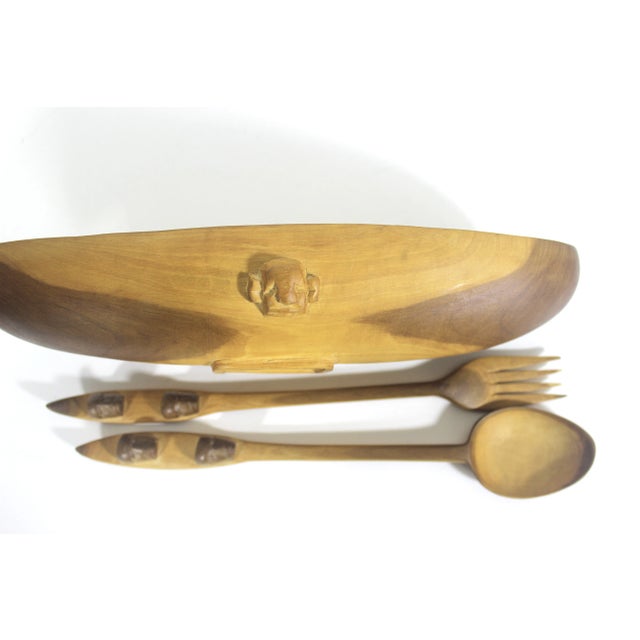 Handmade Wood Bowl With Fork & Spoon With Faces Wood Salad Bowl- 3 Pieces For Sale - Image 11 of 12