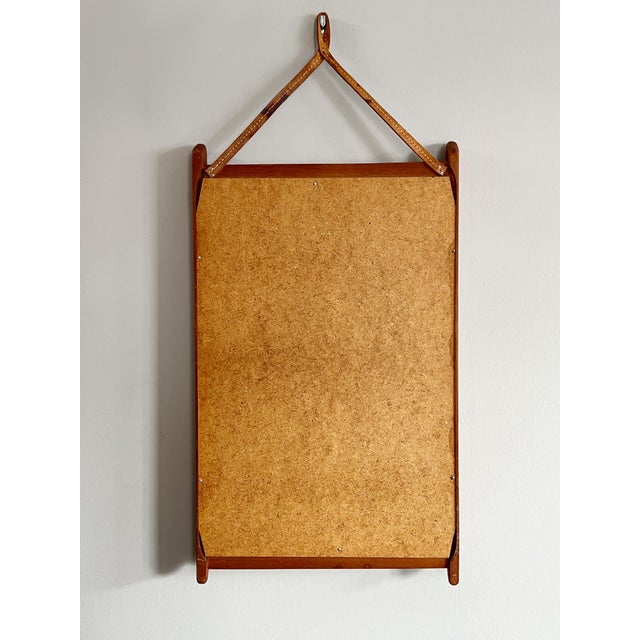 Mid-Century Modern Teak Frame Wall Mirror with Leather Strap Suspension, 1960s For Sale - Image 3 of 4