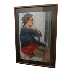 1990s Modern Signed Expressionist Female Portrait Painting, Framed