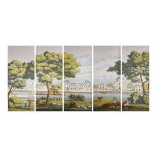 Hand Painted Vintage French Paris Riverside Landscape Mural Panels | Set of 5 Panels 3ft×8ft Custom Panoramic Scenic Wallpaper For Sale