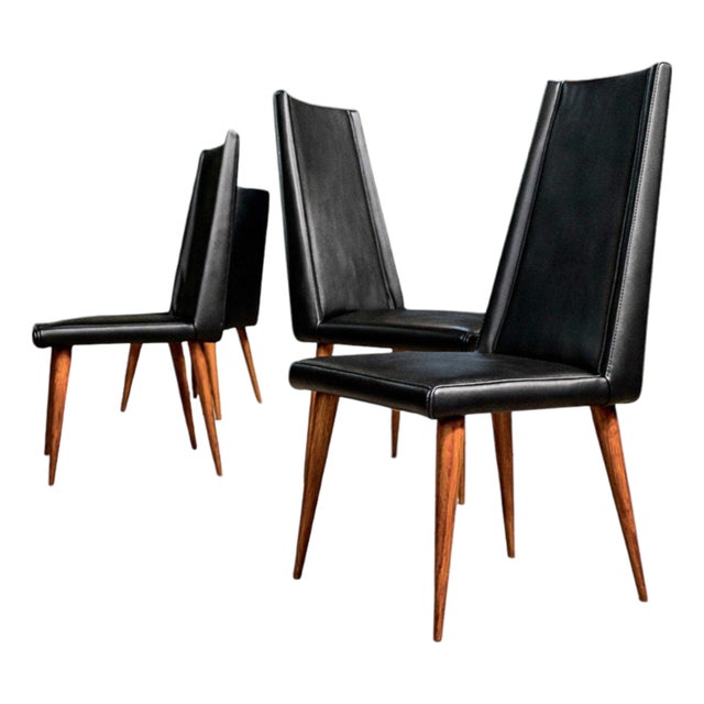 Set of 4 Chairs in Caviuna Wood & Black Leather, Giuseppe Scapinelli, 1950s For Sale
