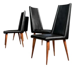 Set of 4 Chairs in Caviuna Wood & Black Leather, Giuseppe Scapinelli, 1950s