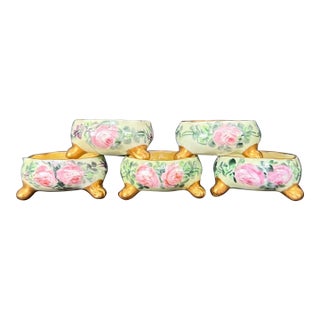 Set of Five (5) Antique Hand Painted Porcelain Footed Salt Cellars C1890 to 1910 Austrian Bavarian With Pink Roses and Gold Feet For Sale