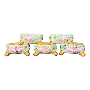 Set of Five (5) Antique Hand Painted Porcelain Footed Salt Cellars C1890 to 1910 Austrian Bavarian With Pink Roses and Gold Feet