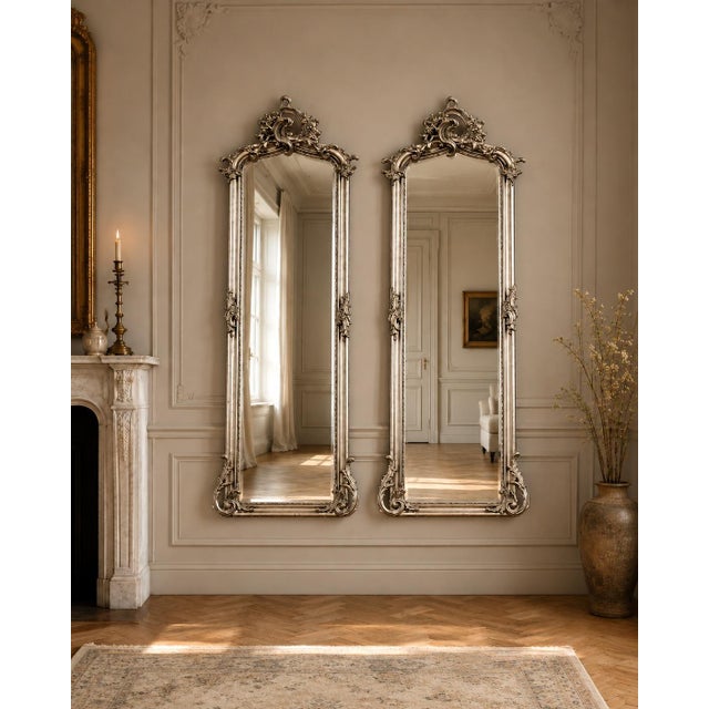 Late 20th Century Late 20c Rococo Silver Wood Floor Mirrors by Artisans - Pair- 2 Pc For Sale - Image 5 of 18