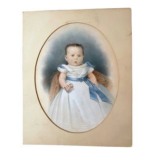 Original 19th Century Portrait Asian Baby Girl Gouache Realistic Painting 1800's For Sale