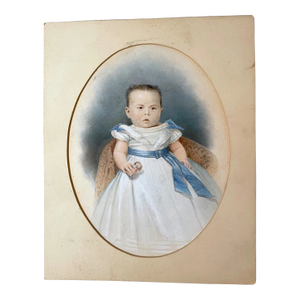 Original 19th Century Portrait Asian Baby Girl Gouache Realistic Painting 1800's