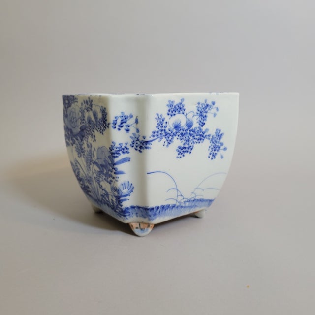 Japanese Japanese Blue & White Porcelain Bonsai Planter Cachepot, Square Form With Indented Corners For Sale - Image 3 of 10