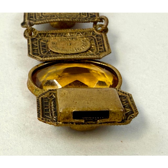 Metal Czech Art Deco Bezel Set Citrine Amber Glass Panel Bracelet Signed Antique For Sale - Image 7 of 9
