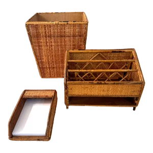 Vintage Set Tortoise Rattan Woven Waste Bin, Paper Holder and Desk Organizer