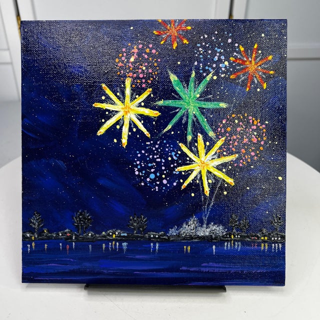 Paint Celebrate 2 Fireworks Acrylic Painting 8"x8" Celebration Theme Wall Art Unframed For Sale - Image 7 of 7