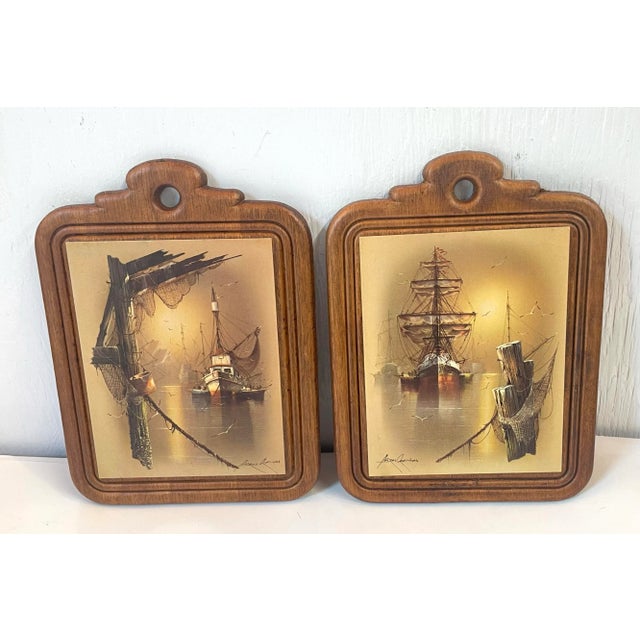 Mid-Century Modern Vintage Ship Prints Decopage on Board- A Pair For Sale - Image 3 of 5