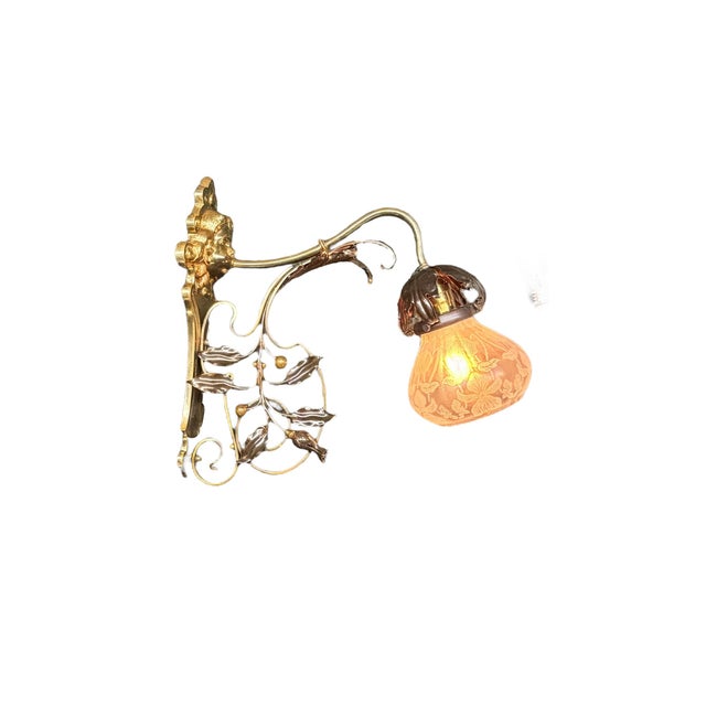 Art Nouveau 1900 Art Nouveau Brass and Copper Sconces With Antique Floral Irridescent Shades #2618 - a Pair For Sale - Image 3 of 14