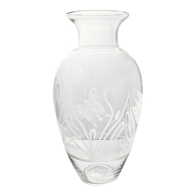 Tiffany & Co. Large Etched Butterfly Turtle Cattails Crystal Glass Vase For Sale