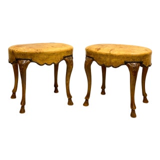Italian Leather Ottomans With Carved Paw Feet - a Pair For Sale