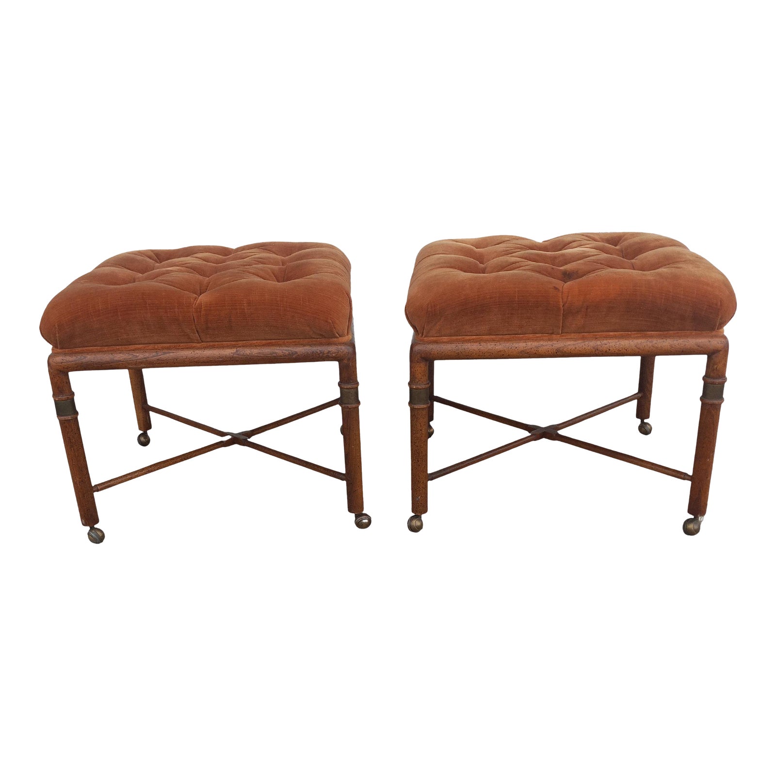 Late 20th Century Pair of Tufted Velour Ottomans With Faux Bamboo Legs ...