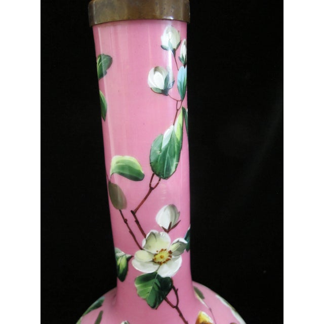 Victorian Harrach Enameled Flower Opaline Pink Cased Glass 17" Bohemian Vase For Sale - Image 10 of 11