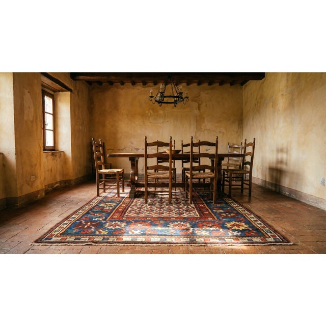 1880s Ivory Blue Diamond Hank Knotted Antique Caucasian Rug 4'0" X 8'0" Wool Carpet For Sale In New York - Image 6 of 7