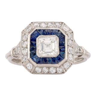1920s Art Deco Style Diamond Sapphire Platinum Square Halo Ring Size 6.25 For Sale