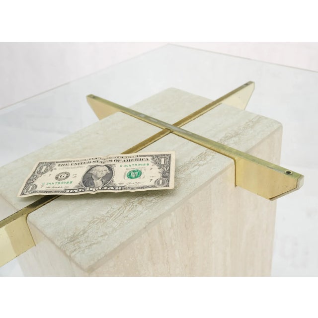 Artedi Pair of Travertine Pedestal Bases Brass Frames Glass Tops End Side Tables Stands For Sale - Image 4 of 13