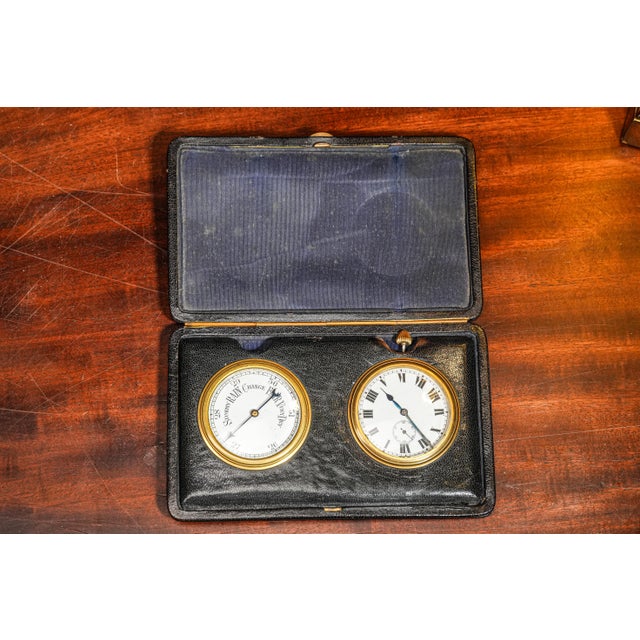 Charming Portable Antique Hand Painted Porcelain Travel Desk Clock Barometer Leather Case Home Decor For Sale - Image 9 of 12