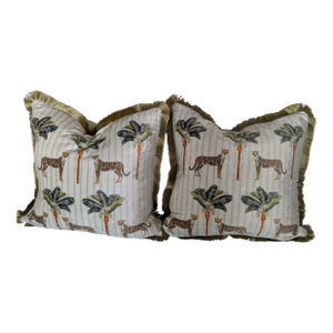 Pair Palm Beach Style 20" by 20" Velvet Shell, Silk Trim, Duck Feather Insert.