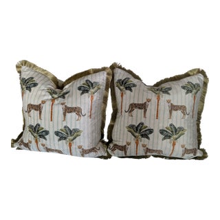 Pair Palm Beach Style 20" by 20" Velvet Shell, Silk Trim, Duck Feather Pillows For Sale