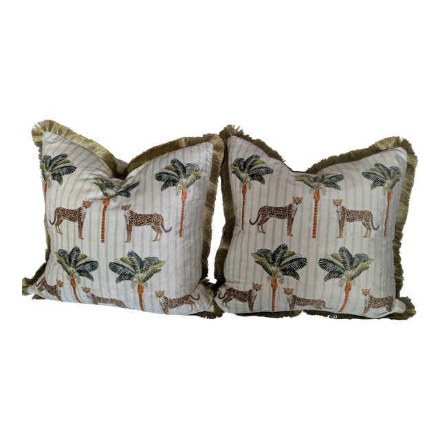 Pair Palm Beach Style 20" by 20" Velvet Shell, Silk Trim, Duck Feather Pillows For Sale
