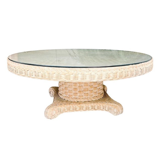 Large 1980s Coastal Round Woven Rattan Wicker Coffee Table With Glass Top For Sale - Image 4 of 5