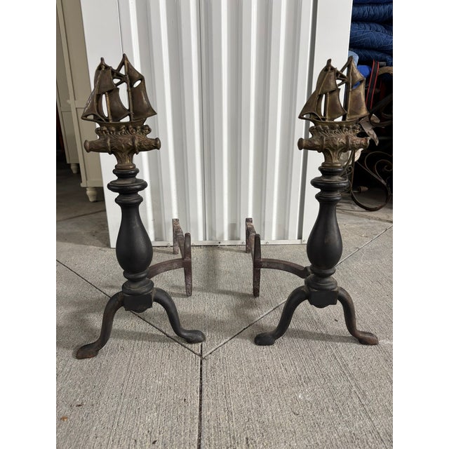 19th Century Pair of Andirons With Brass Decorative Ships, 19th Century For Sale - Image 5 of 6
