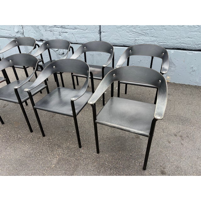 Modern Set of Eight Attributed Artelano Black Leather Arm Chairs, Italy 1980s For Sale - Image 3 of 18