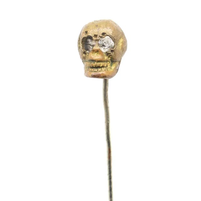 Old or Antique Estate Bronze Skull Memento Mori Stick Pin With Glass Eyes For Sale - Image 4 of 12