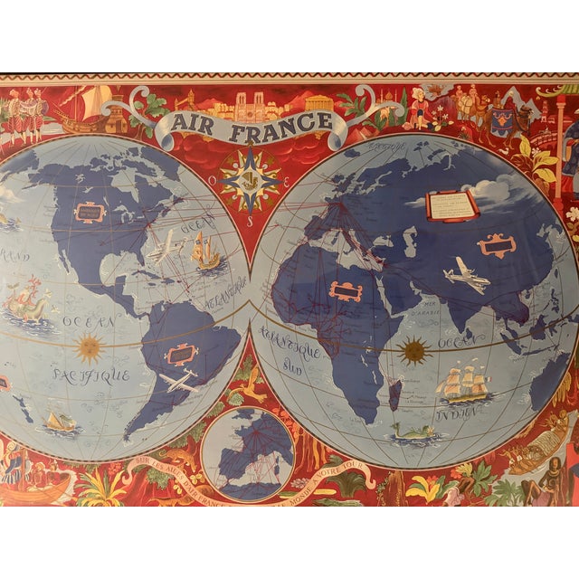 Mid-Century Modern Mid 20th Century Lucien Boucher - Air France World Map, Color Lithograph Travel Poster For Sale - Image 3 of 5