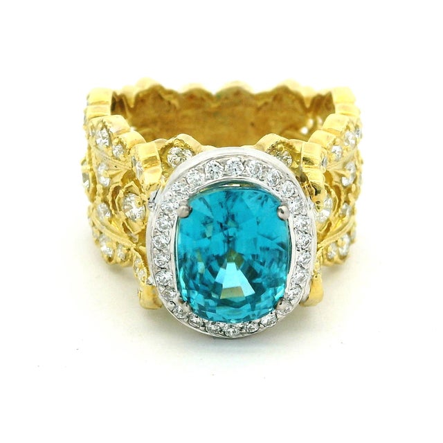 Stambolian 18k Gold Blue Zircon and Diamond Cocktail Ring, Size 8.75 For Sale - Image 11 of 14