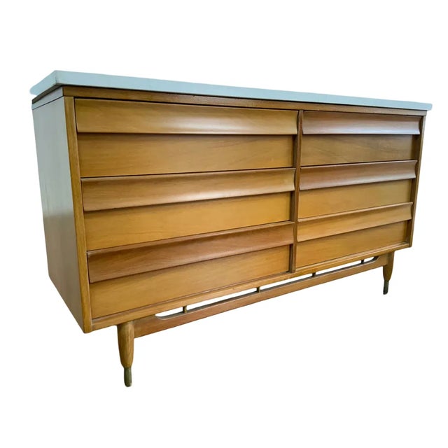 Mid-Century Modern Walnut Double-Sink Bathroom Vanity With White Top For Sale In Charlotte - Image 6 of 6