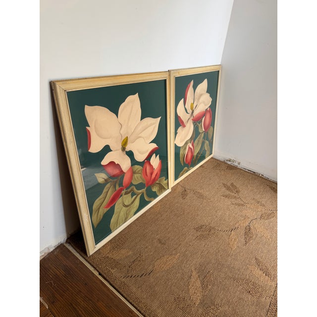 This listing is for a 1940s pair of framed magnolia screen graph prints by Bernard Picture Co. The prints have with hand...