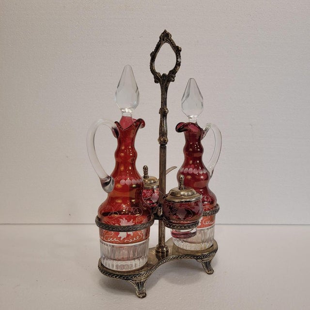 Bohemian Oil, Vinegar, Salt, and Pepper Set in Crystal and Silver-Plated Metal from Convoy, Czech Republic, 1940s For Sale - Image 12 of 18